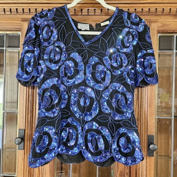 Vintage Sténay Black and Blue Sequin Floral Blouse | 100% Silk | Petite M - Picture 1 of 6